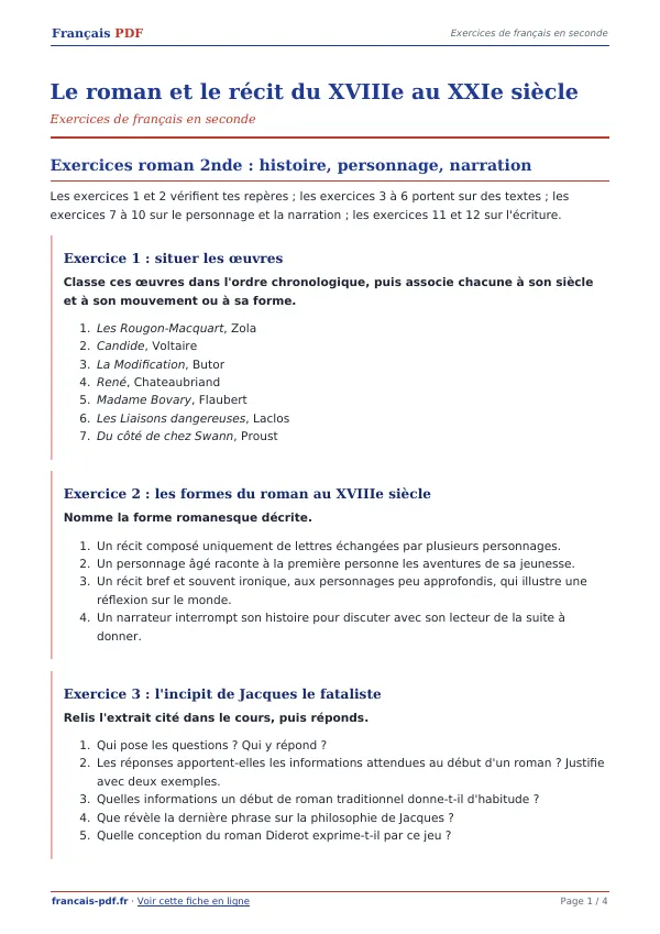 Exercices « Le roman et le récit du XVIIIe au XXIe siècle » en PDF