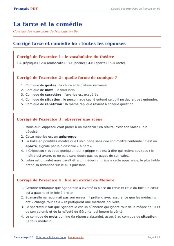 Corrigé « La farce et la comédie » en PDF