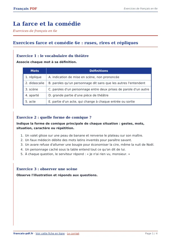 Exercices « La farce et la comédie » en PDF