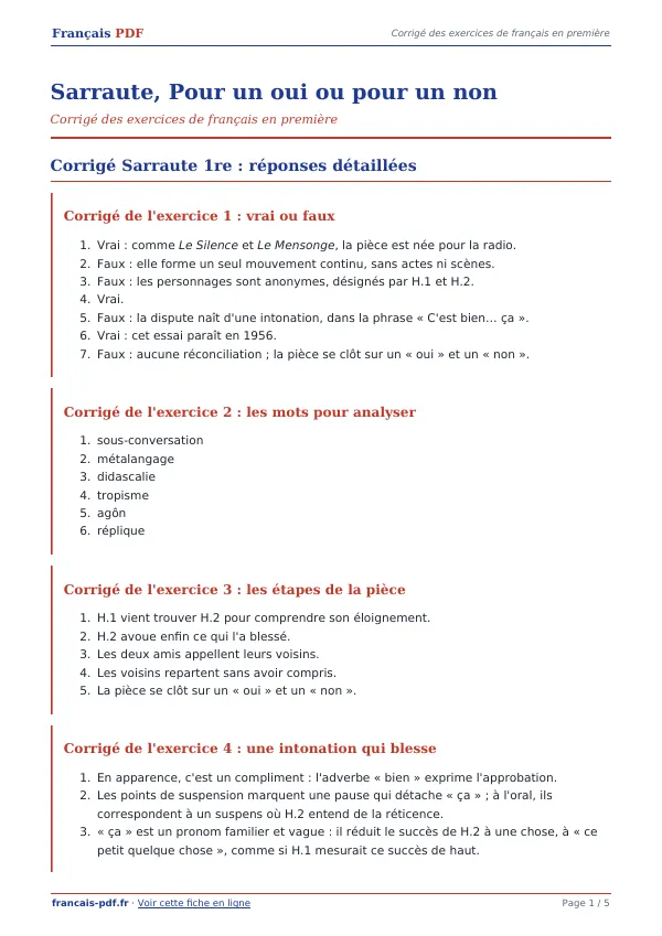 Corrigé « Sarraute, Pour un oui ou pour un non » en PDF