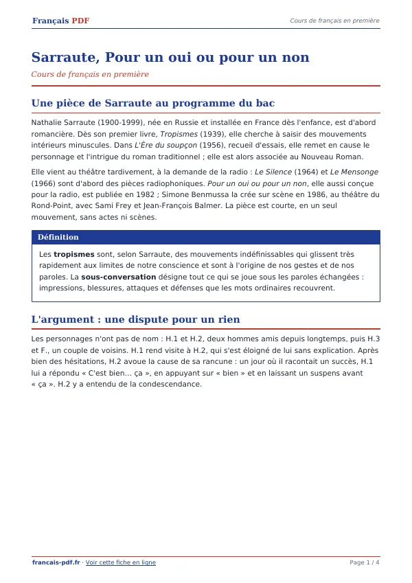 Cours « Sarraute, Pour un oui ou pour un non » en PDF