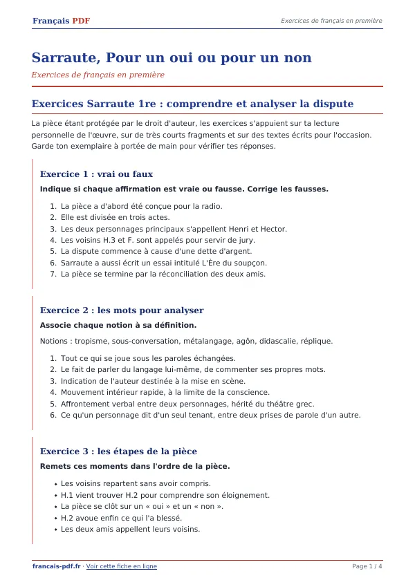 Exercices « Sarraute, Pour un oui ou pour un non » en PDF