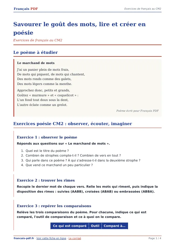 Exercices « Savourer le goût des mots, lire et créer en poésie » en PDF
