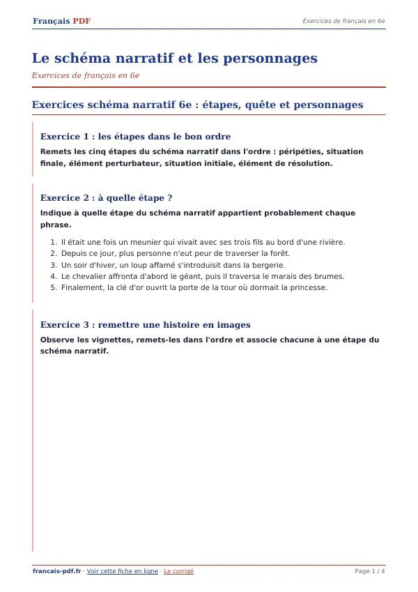 Exercices « Le schéma narratif et les personnages » en PDF