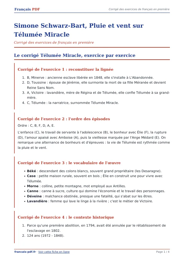 Corrigé « Simone Schwarz-Bart, Pluie et vent sur Télumée Miracle » en PDF