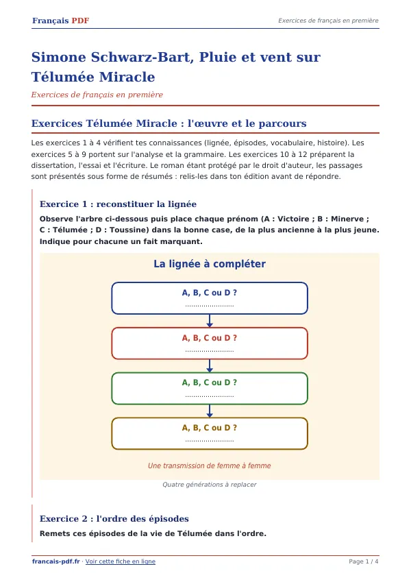 Exercices « Simone Schwarz-Bart, Pluie et vent sur Télumée Miracle » en PDF
