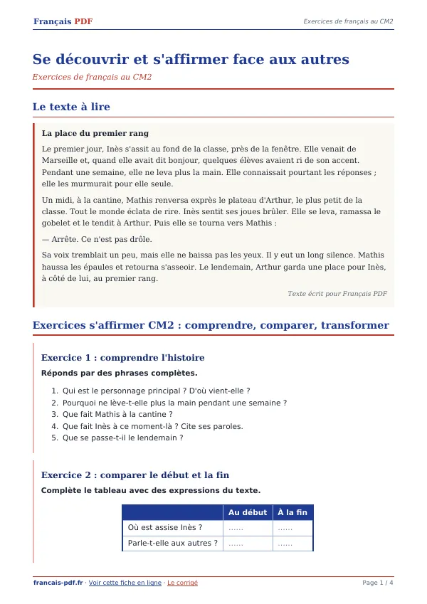 Exercices « Se découvrir et s’affirmer face aux autres » en PDF