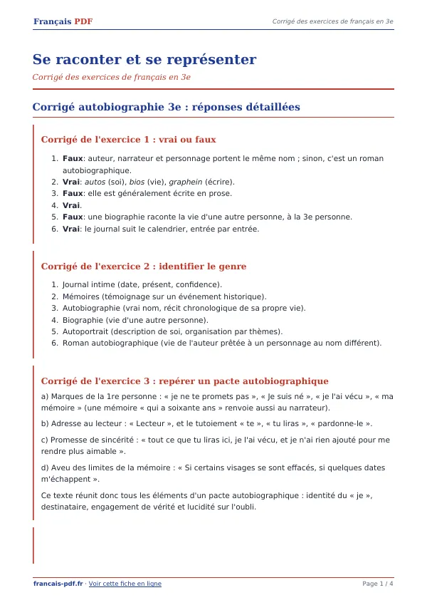 Corrigé « Se raconter et se représenter » en PDF