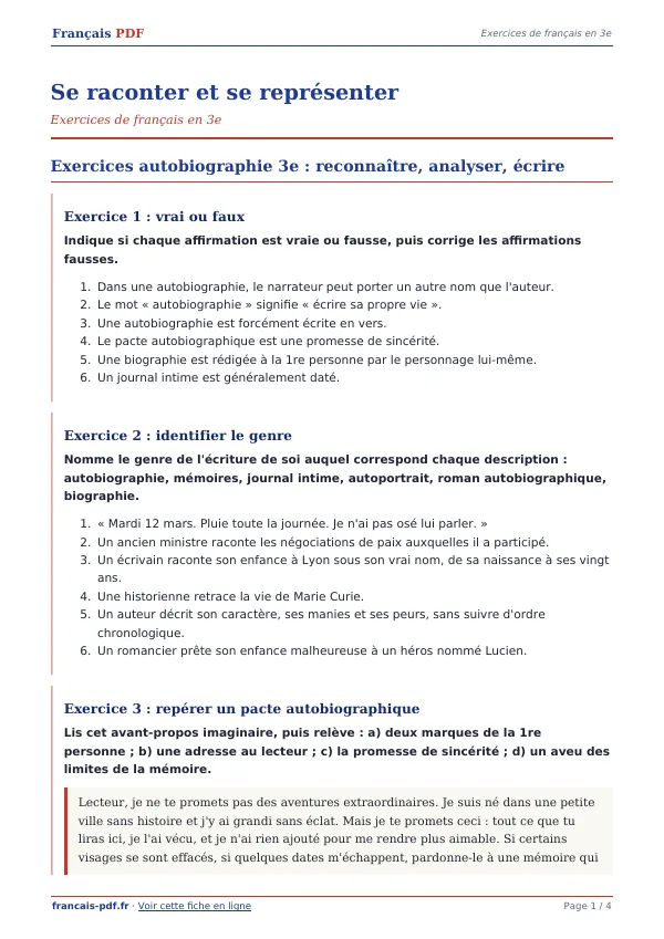 Exercices « Se raconter et se représenter » en PDF