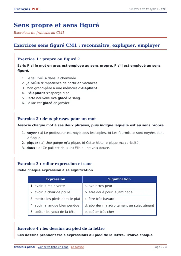 Exercices « Sens propre et sens figuré » en PDF
