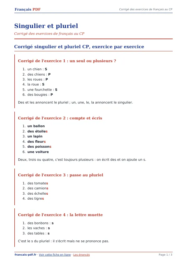 Corrigé « Singulier et pluriel » en PDF