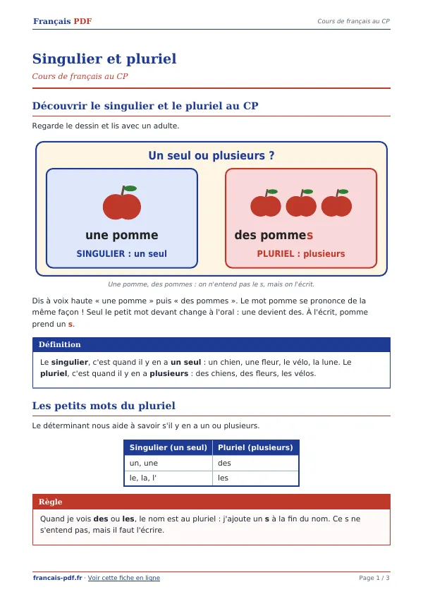 Cours « Singulier et pluriel » en PDF