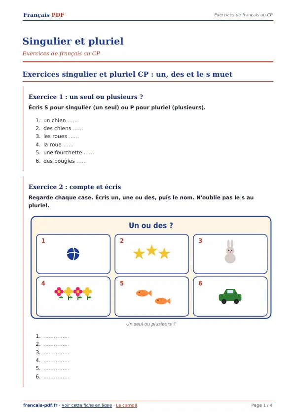 Exercices « Singulier et pluriel » en PDF