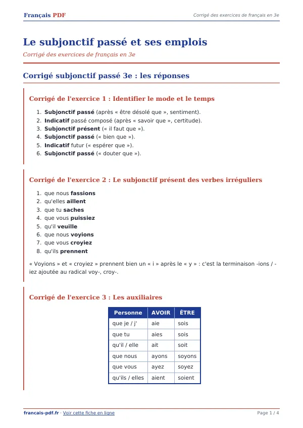 Corrigé « Le subjonctif passé et ses emplois » en PDF