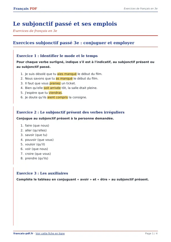 Exercices « Le subjonctif passé et ses emplois » en PDF