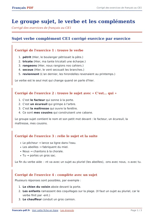 Corrigé « Le groupe sujet, le verbe et les compléments » en PDF