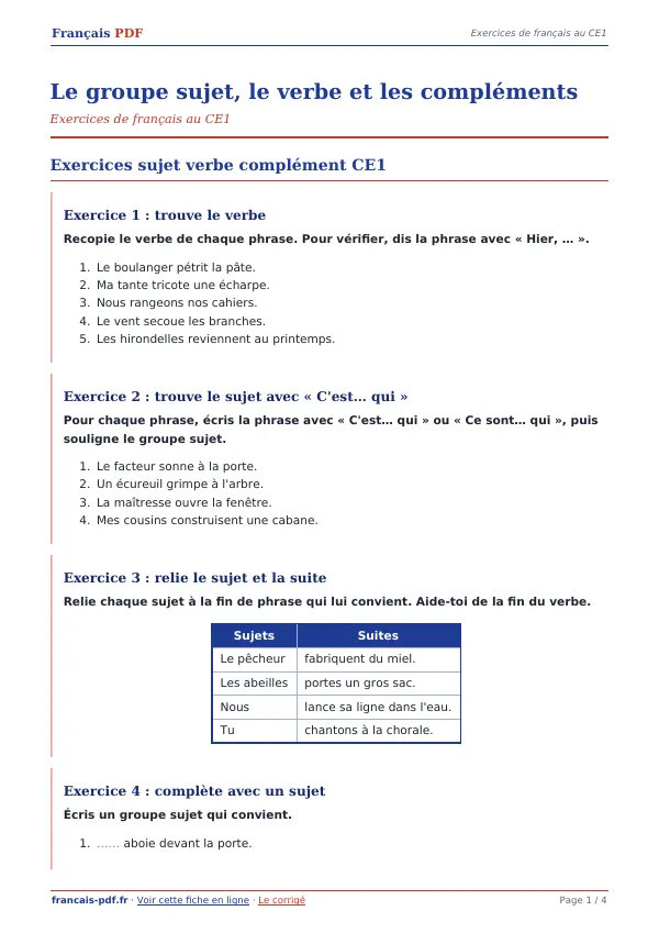 Exercices « Le groupe sujet, le verbe et les compléments » en PDF