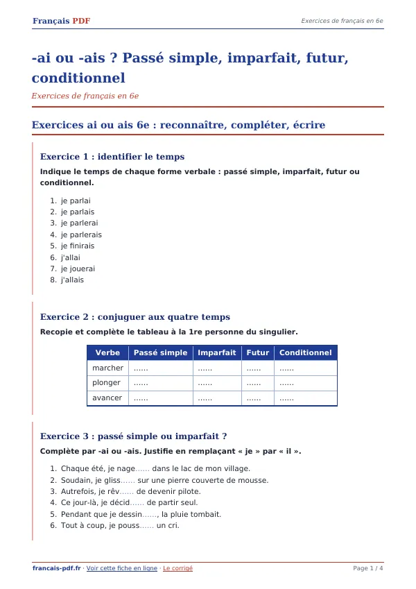 Exercices « -ai ou -ais ? Passé simple, imparfait, futur, conditionnel » en PDF