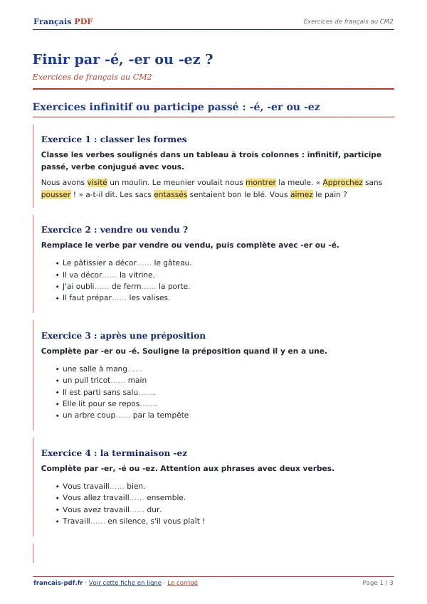Exercices « Finir par -é, -er ou -ez ? » en PDF