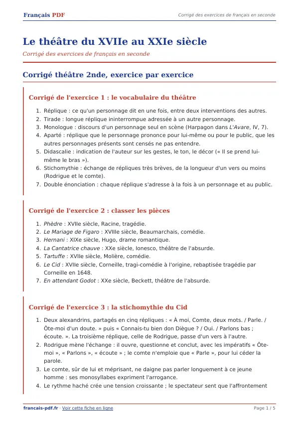Corrigé « Le théâtre du XVIIe au XXIe siècle » en PDF