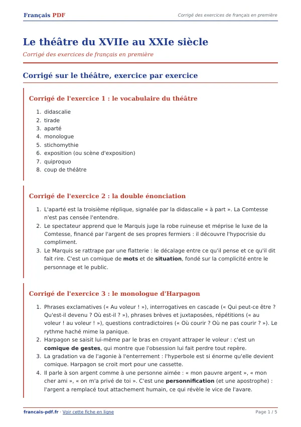 Corrigé « Le théâtre du XVIIe au XXIe siècle » en PDF