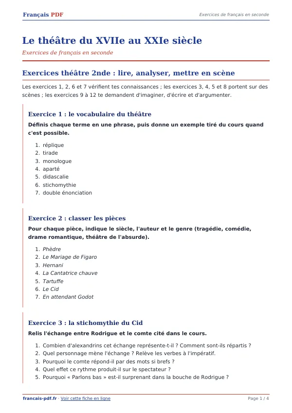 Exercices « Le théâtre du XVIIe au XXIe siècle » en PDF