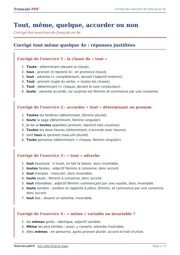 Corrigé « Tout, même, quelque, accorder ou non » en PDF