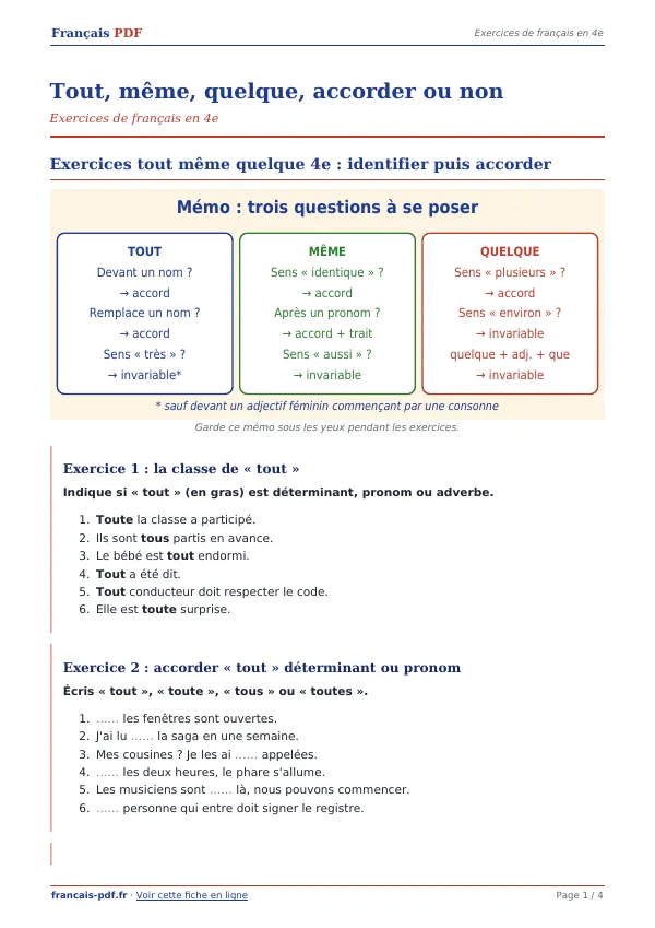 Exercices « Tout, même, quelque, accorder ou non » en PDF