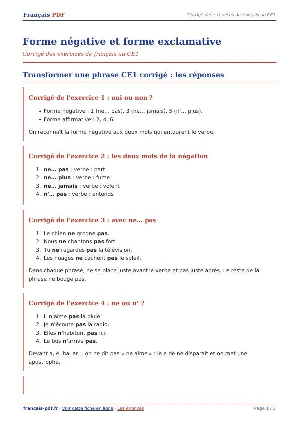 Corrigé « Forme négative et forme exclamative » en PDF