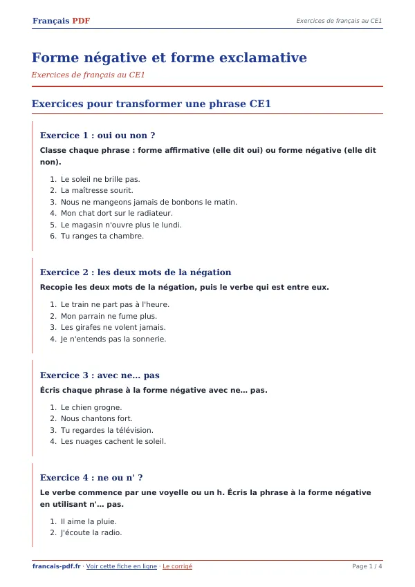 Exercices « Forme négative et forme exclamative » en PDF