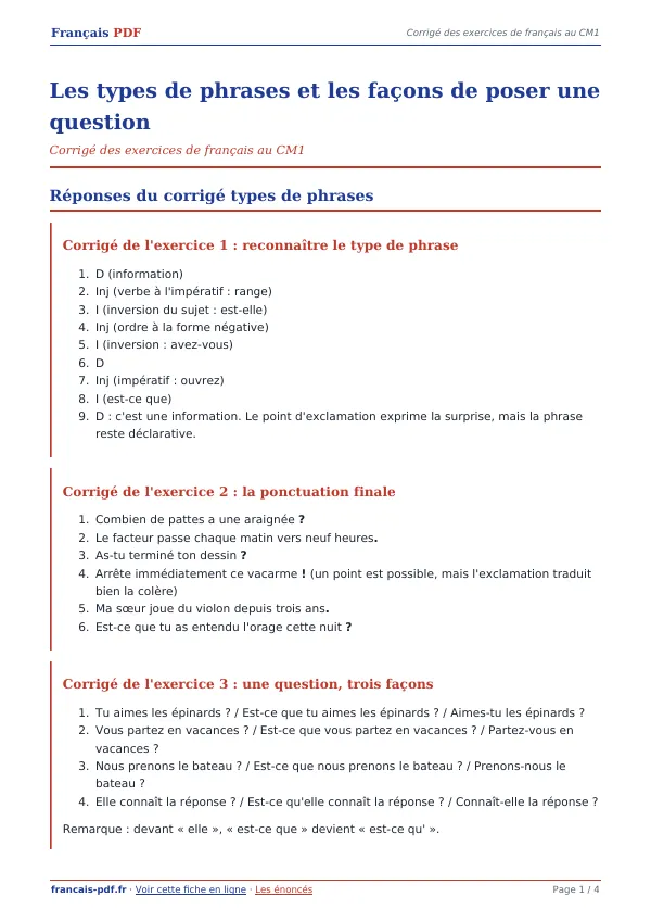 Corrigé « Les types de phrases et les façons de poser une question » en PDF