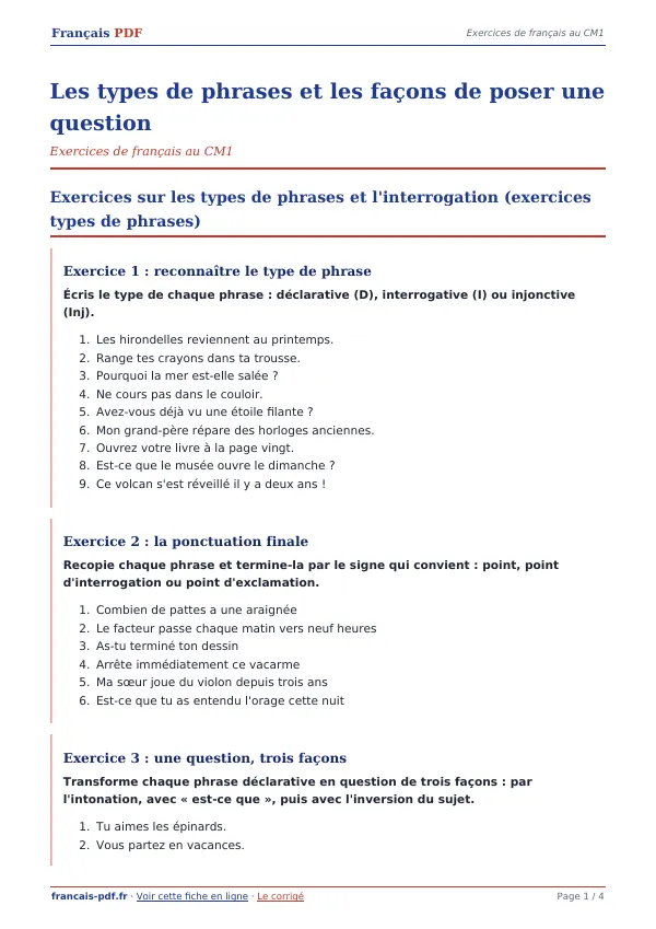 Exercices « Les types de phrases et les façons de poser une question » en PDF