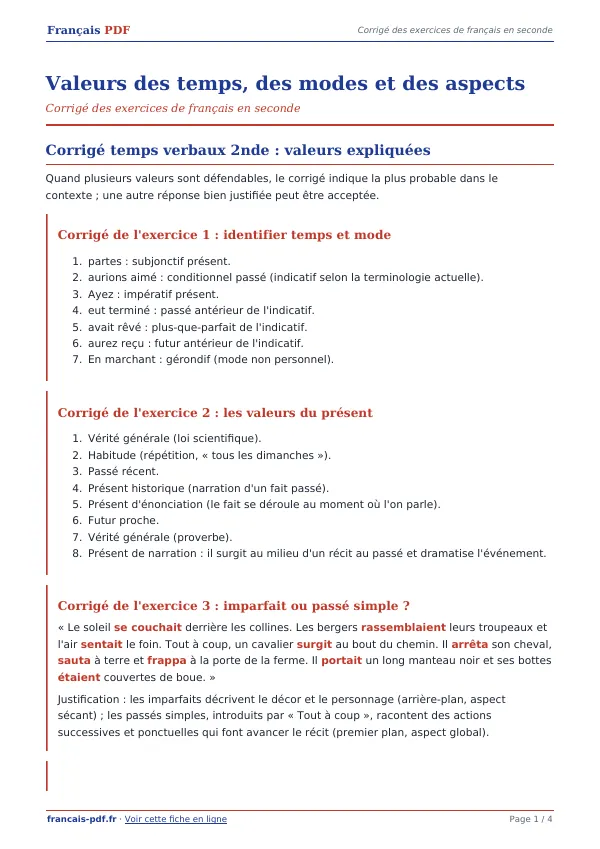 Corrigé « Valeurs des temps, des modes et des aspects » en PDF