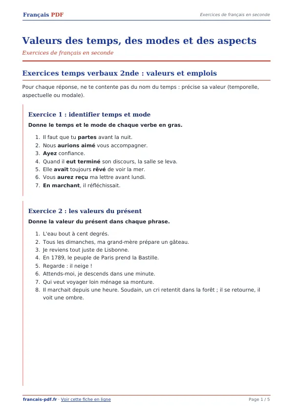 Exercices « Valeurs des temps, des modes et des aspects » en PDF