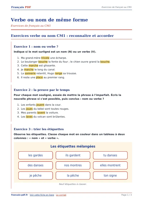 Exercices « Verbe ou nom de même forme » en PDF