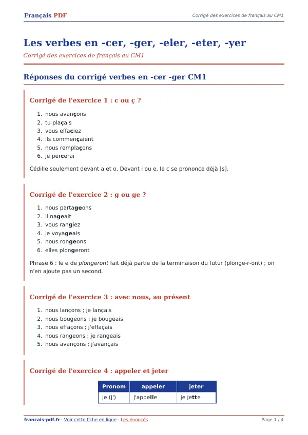 Corrigé « Les verbes en -cer, -ger, -eler, -eter, -yer » en PDF
