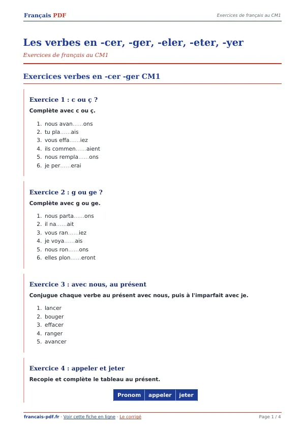 Exercices « Les verbes en -cer, -ger, -eler, -eter, -yer » en PDF