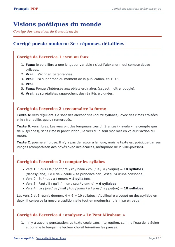 Corrigé « Visions poétiques du monde » en PDF