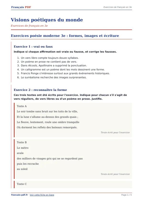 Exercices « Visions poétiques du monde » en PDF