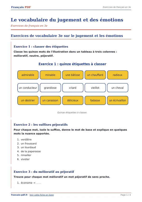 Exercices « Le vocabulaire du jugement et des émotions » en PDF