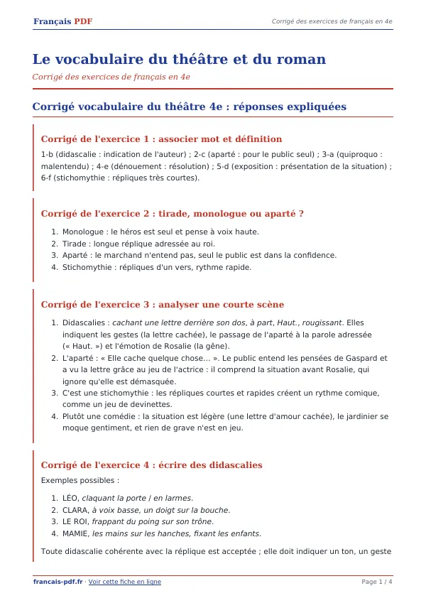 Corrigé « Le vocabulaire du théâtre et du roman » en PDF