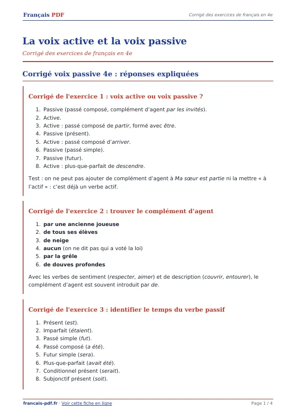 Corrigé « La voix active et la voix passive » en PDF