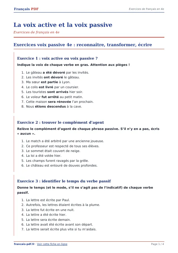 Exercices « La voix active et la voix passive » en PDF