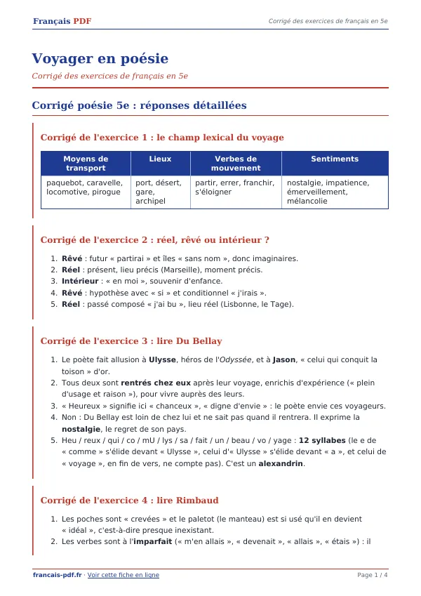 Corrigé « Voyager en poésie » en PDF