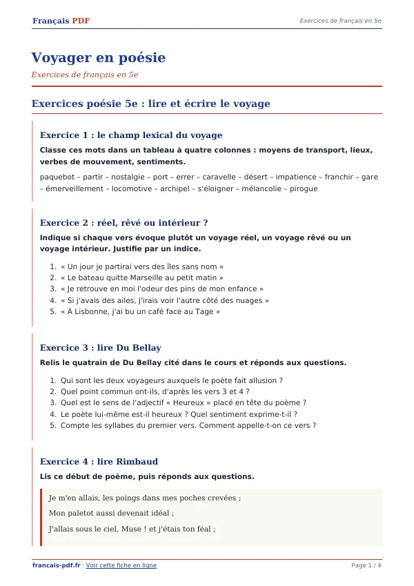 Exercices « Voyager en poésie » en PDF
