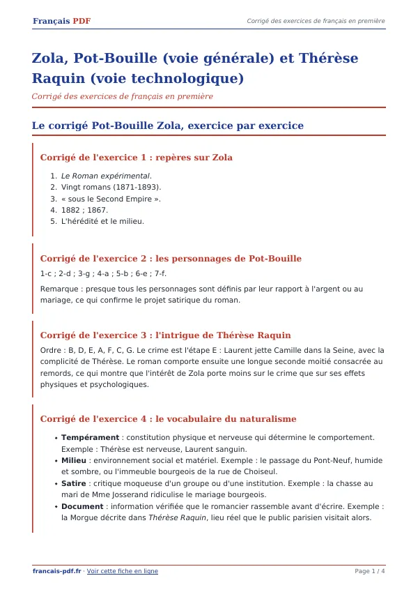 Corrigé « Zola, Pot-Bouille (voie générale) et Thérèse Raquin (voie technologique) » en PDF