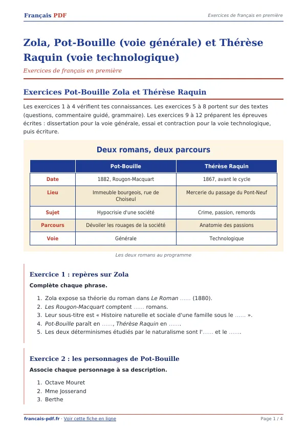 Exercices « Zola, Pot-Bouille (voie générale) et Thérèse Raquin (voie technologique) » en PDF